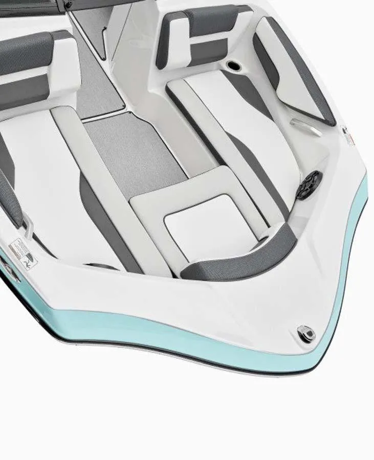 Slide: The Image of 2023 Yamaha Boats AR195 interior seating area with white and gray upholstery. - 4