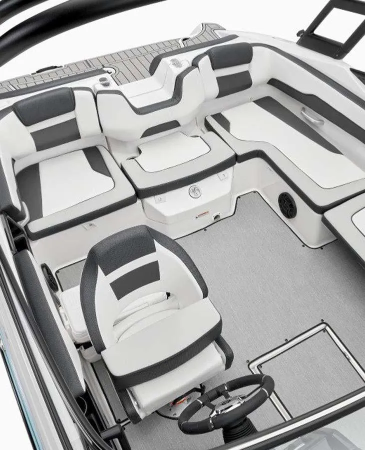 Slide: The Image of 2023 Yamaha Boats AR195 interior with white and black seating. - 6