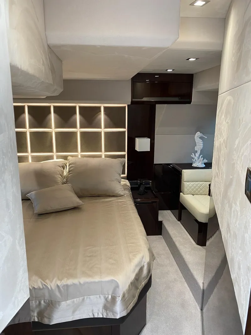 Slide: The Image of Luxurious interior of 2022 Galeon 470 Skydeck yacht bedroom with modern design. - 15