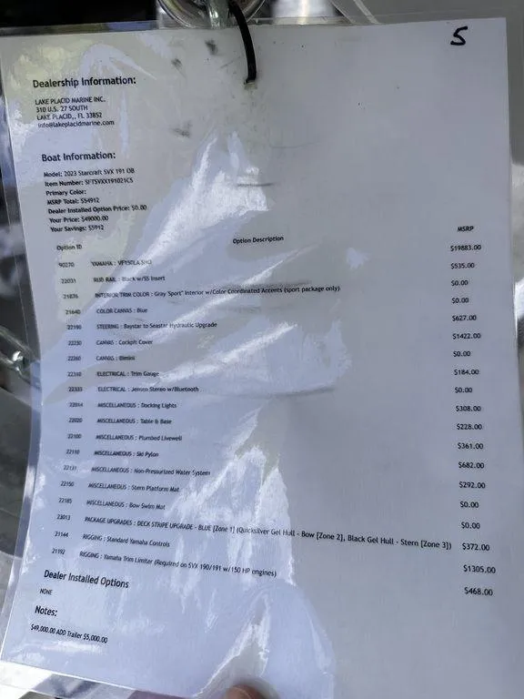 Slide: The Image of 2023 Starcraft SVX 191 boat dealership information sheet with pricing and options. - 6