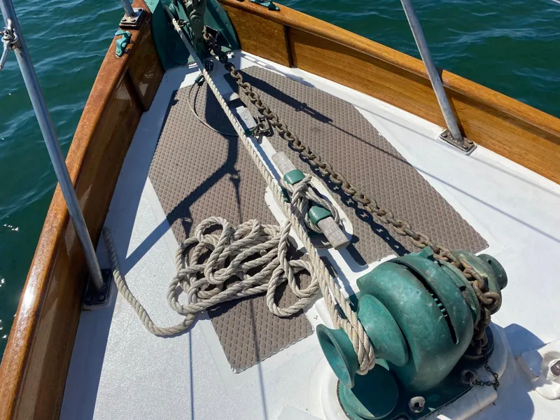 Slide: The Image of Bow of 2010 Laurent Giles Vertue Class Sloop with anchor chain and ropes. - 15