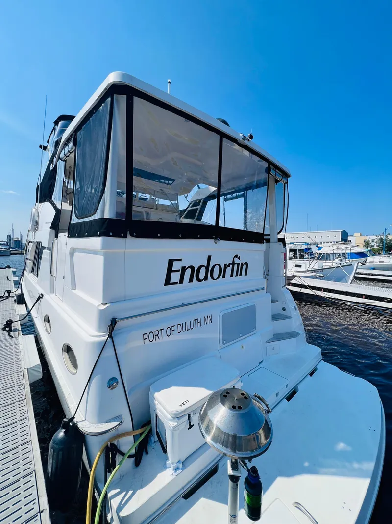 Slide: The Image of 1999 Silverton 392 Motor Yacht docked at Port of Duluth, MN, named "Endorfin". - 4