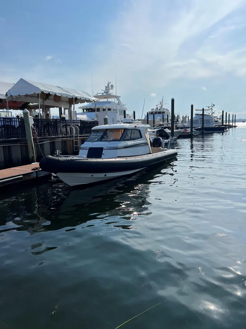 Slide: The Image of 2020 Protector 330 Targa boat docked at marina under clear sky. - 7