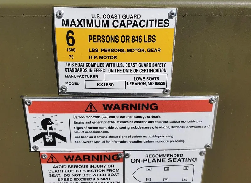 Slide: The Image of 2023 Lowe Roughneck RX1860 Tiller Steer boat capacity and safety warning labels. - 7