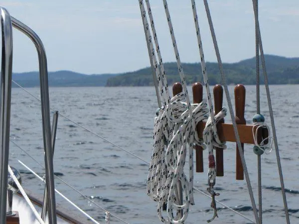 Slide: The Image of Sailing ropes on a 1981 Southern Cross 39' yacht with scenic ocean view. - 7
