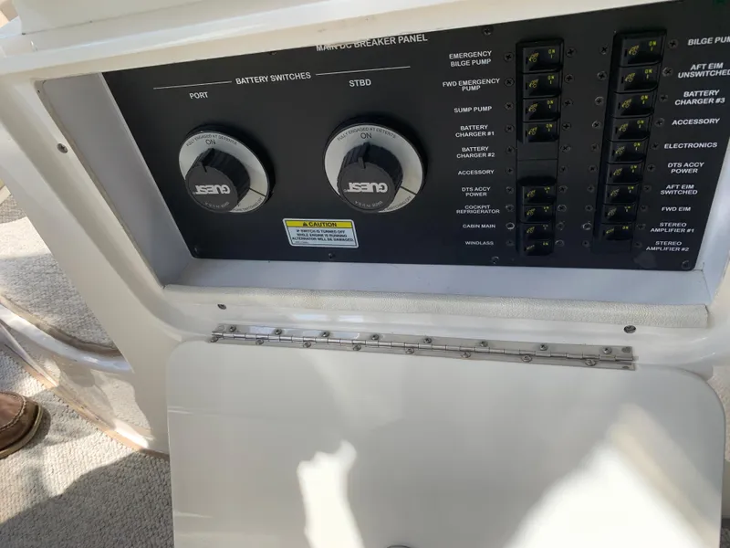 Slide: The Image of Control panel of 2008 Sea Ray 330 Sundancer boat with battery switches and circuit breakers. - 33