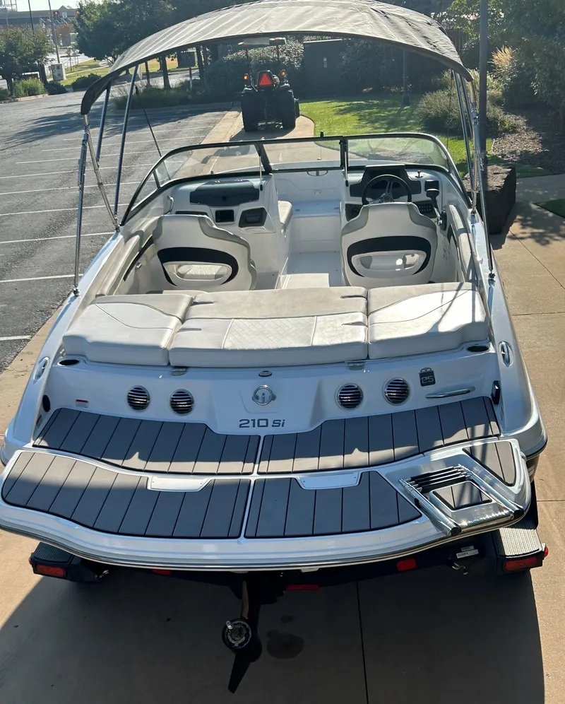 Slide: The Image of 2023 Tahoe 210 Si boat with canopy, rear view. - 5