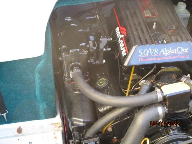 Slide: The Image of Engine compartment of a 1995 Regal VALANTI 222 SE with a 5.0 V8 Alpha One engine. - 9