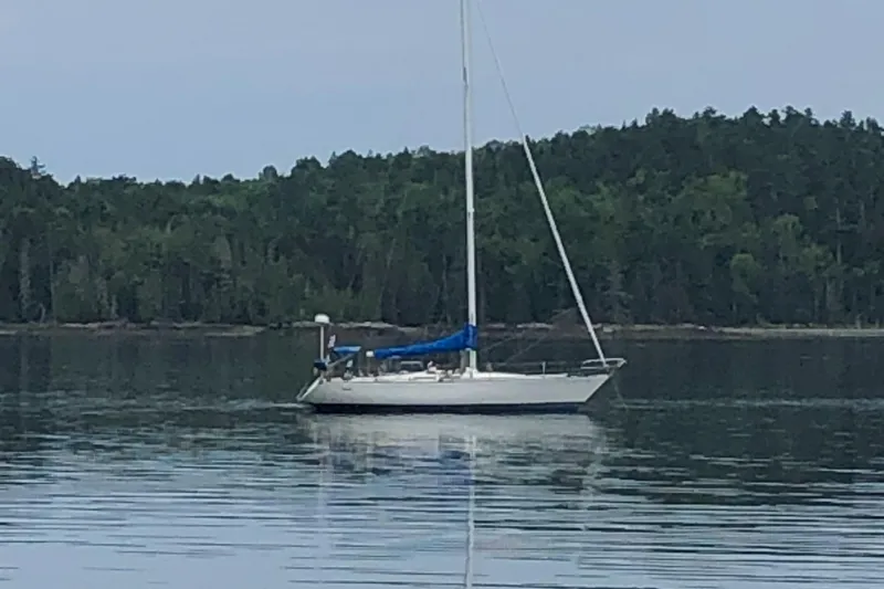 Slide: The Image of 1978 Palmer Johnson New York 40 Sloop sailing on calm waters near a forested shoreline. - 17
