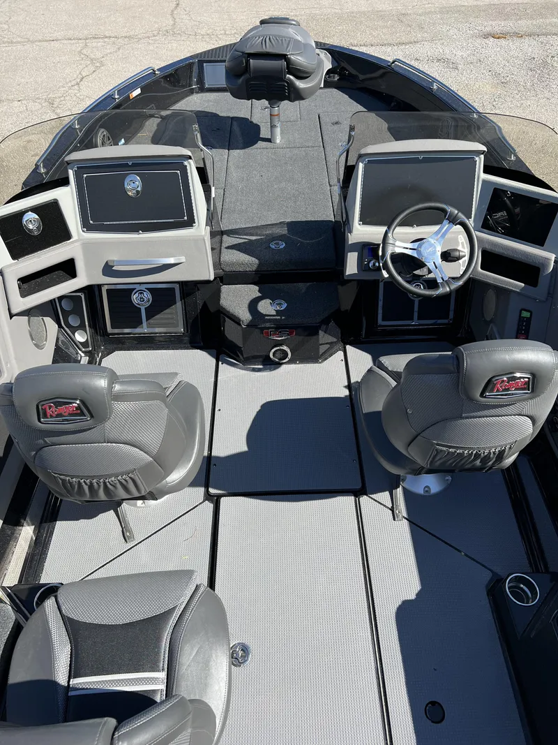 Slide: The Image of 2023 Ranger 620FS Pro boat interior with dual consoles and seating. - 7