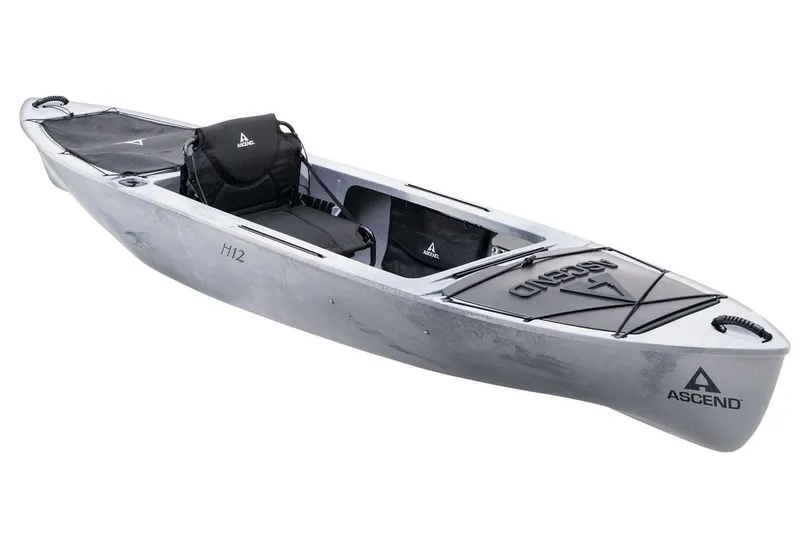 The Image of Four kayaks displayed vertically in a showroom, including a 2022 Ascend H12 Hybrid Sit-In - Titanium. - 0
