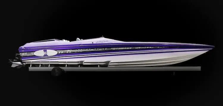 Slide: The Image of 2025 Cigarette 42' X speedboat with sleek purple and white design. - 4