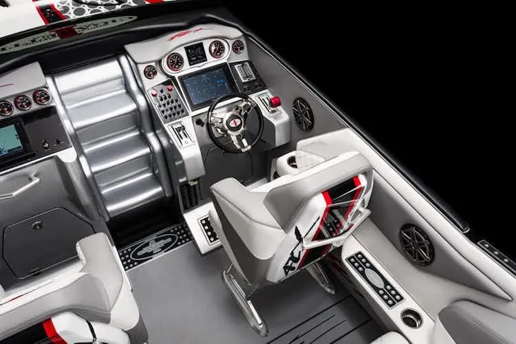 Slide: The Image of Cockpit of 2025 Cigarette 42' X boat with advanced controls and luxurious seating. - 9