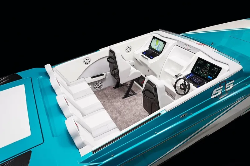 Slide: The Image of 2025 Cigarette 515 boat interior with modern dashboard and seating. - 4