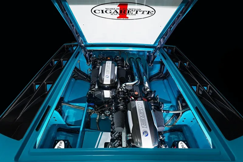 Slide: The Image of 2025 Cigarette 515 boat engine compartment with twin 1350 horsepower engines. - 9