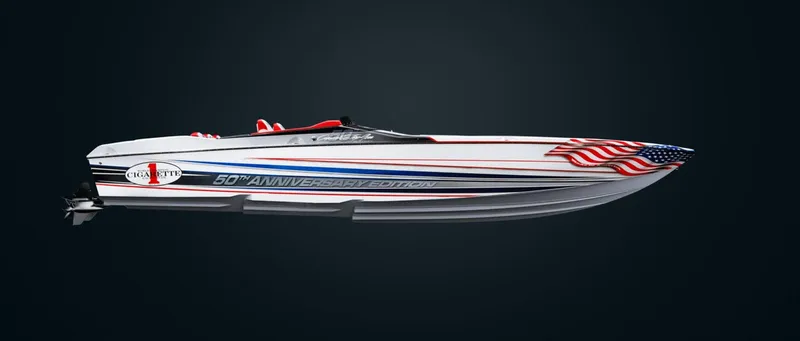 The Image of 2025 Cigarette 38 Top Gun 50th Anniversary Edition speedboat with American flag design. - 0