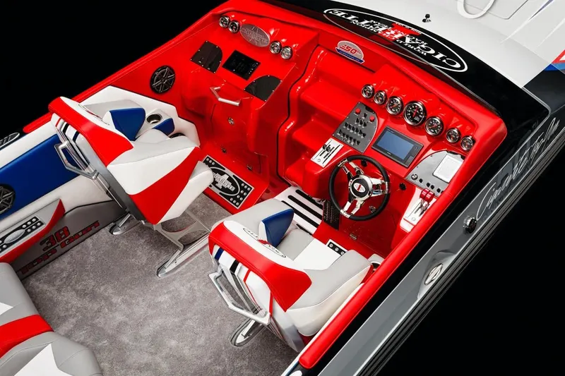 Slide: The Image of 2025 Cigarette 38 Top Gun boat interior with red, white, and blue design. - 5