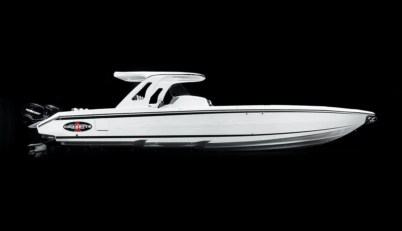 The Image of 2025 Cigarette 39 GTS boat, sleek white design, side view against black background. - 0
