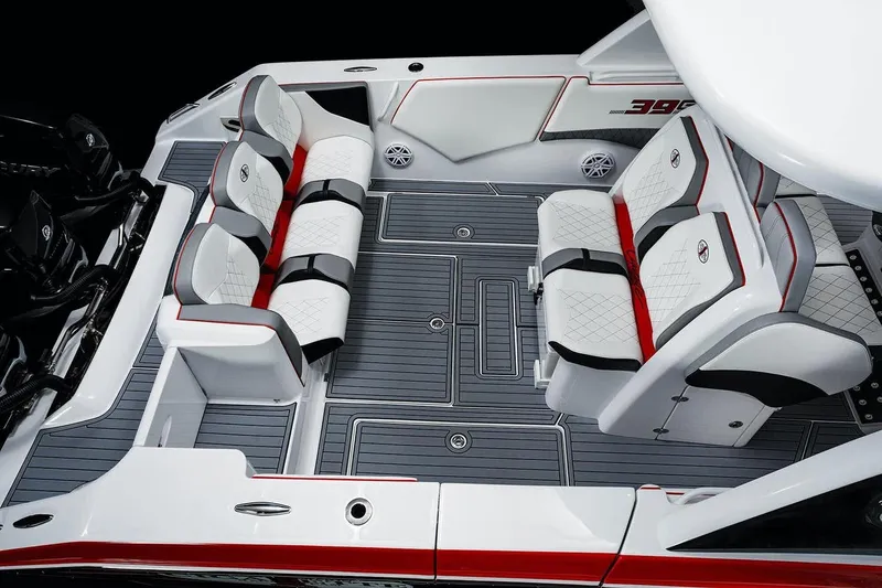 Slide: The Image of 2025 Cigarette 39 GTS boat interior with luxurious seating and modern design. - 12