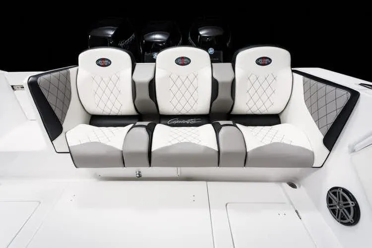 Slide: The Image of Luxury seating on 2025 Cigarette 39 GTS boat with diamond-stitched upholstery. - 13