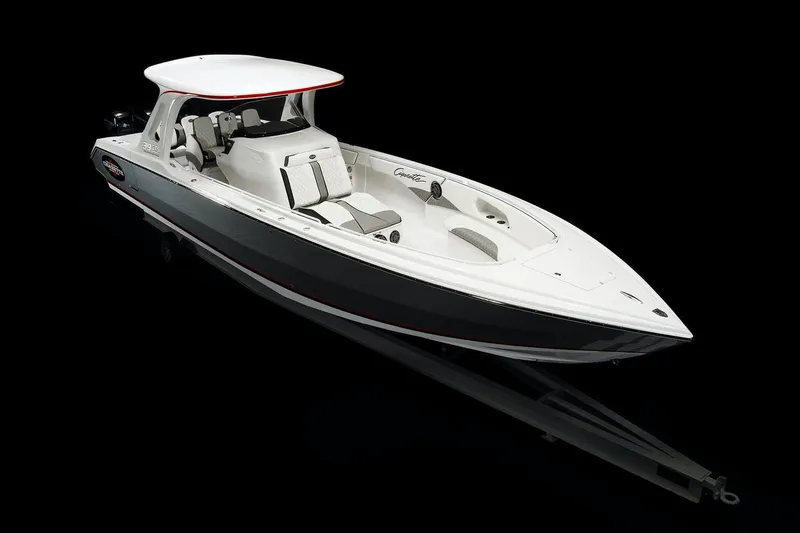 Slide: The Image of 2025 Cigarette 39 GTS boat, sleek design, white and black color scheme. - 6