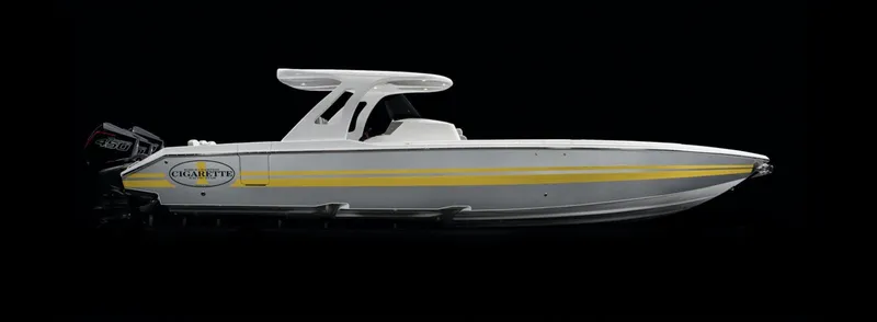 Slide: The Image of 2025 Cigarette 39 GTS boat with twin 450 engines, sleek design, side view. - 7
