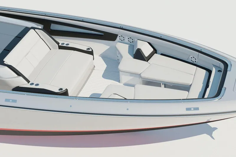 Slide: The Image of 2025 Cigarette 59 Tirranna luxury boat interior with white seating and modern design. - 11