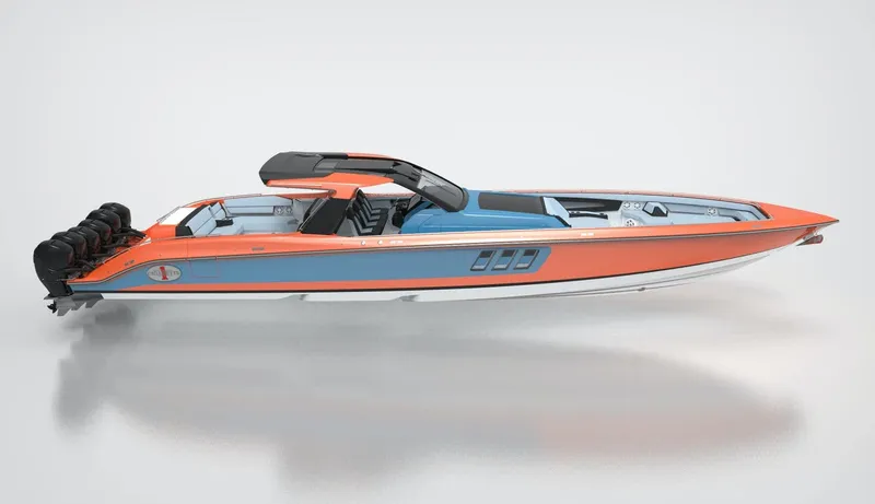 Slide: The Image of 2025 Cigarette 59 Tirranna powerboat with orange and blue design, side view. - 3