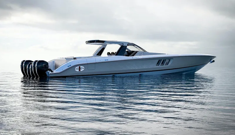 Slide: The Image of 2025 Cigarette 59 Tirranna luxury speedboat on calm water. - 5