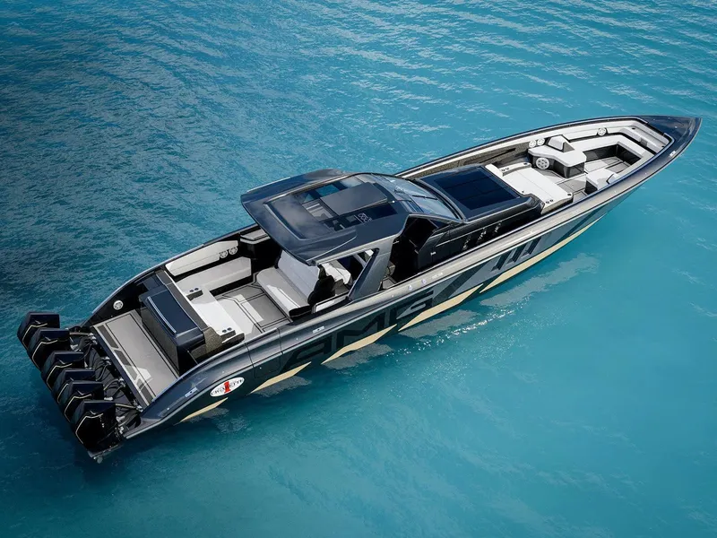 Slide: The Image of 2025 Cigarette 59 Tirranna luxury speedboat on clear blue water. - 6