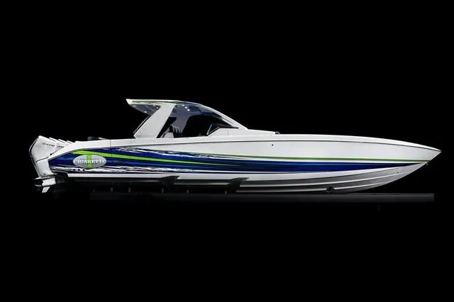 Slide: The Image of 2025 Cigarette 41 Nighthawk speedboat with sleek design and vibrant blue-green accents. - 3