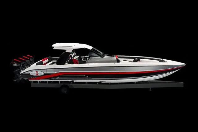 Slide: The Image of 2025 Cigarette 41 Nighthawk speedboat with sleek design and powerful engines. - 8