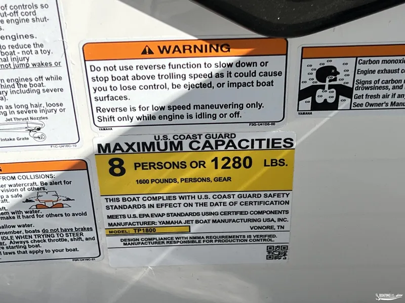 Slide: The Image of Warning label on 2025 Yamaha Boats 195S, maximum capacity 8 persons or 1280 lbs. - 8
