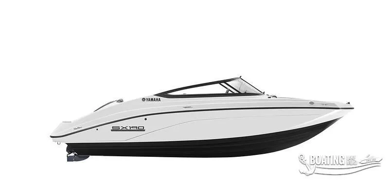 Slide: The Image of 2025 Yamaha Boats SX190, sleek white design, side view. - 9