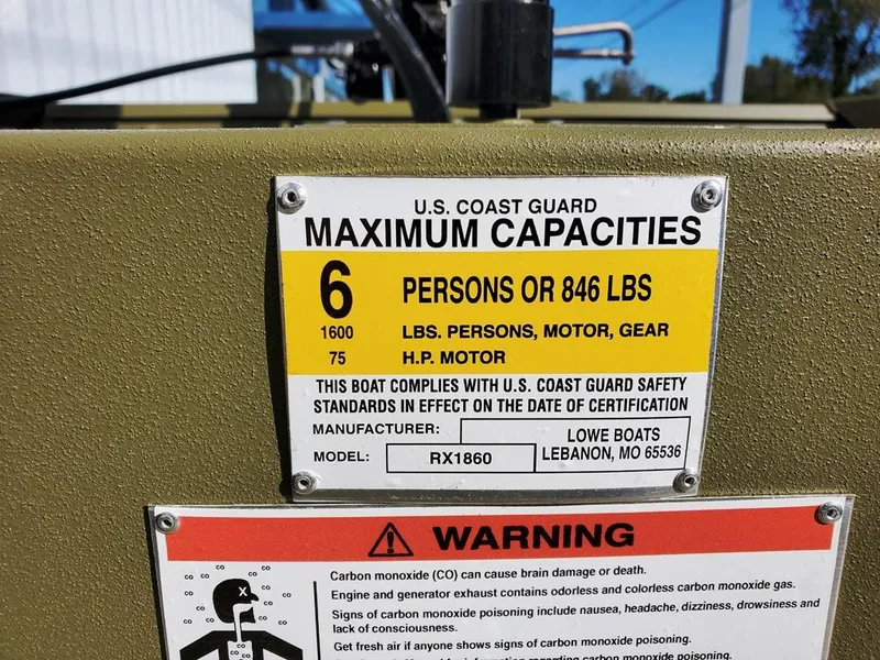 Slide: The Image of 2023 Lowe Roughneck RX1860 Rambler maximum capacities and safety warning labels. - 7