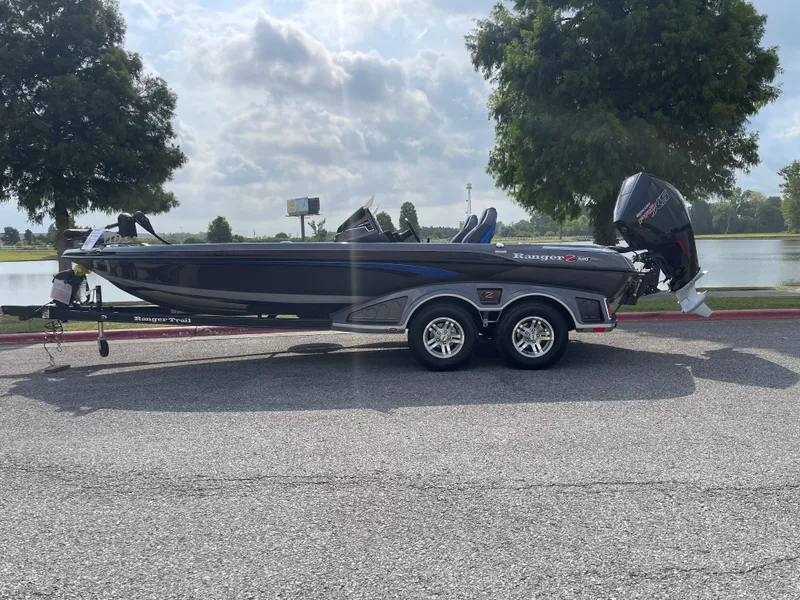 Slide: The Image of 2023 Ranger Z520R boat on trailer by a lake. - 1