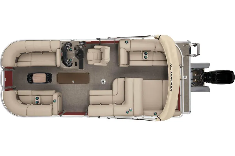 Slide: The Image of 2023 Sun Tracker Party Barge 22 RF XP3 pontoon boat, top view, beige seating, spacious layout. - 7