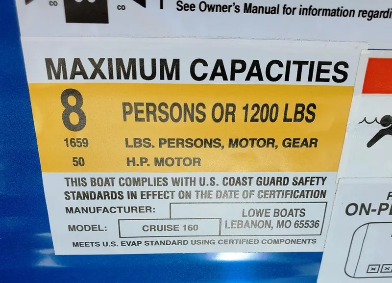 Slide: The Image of 2023 Lowe Ultra Cruise 160 Pontoon maximum capacity label: 8 persons or 1200 lbs, 50 HP motor. - 10