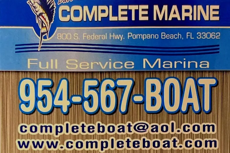 Slide: The Image of Complete Marine full-service marina contact information, Pompano Beach, FL. Call 954-567-BOAT or visit completeboat.com. - 1