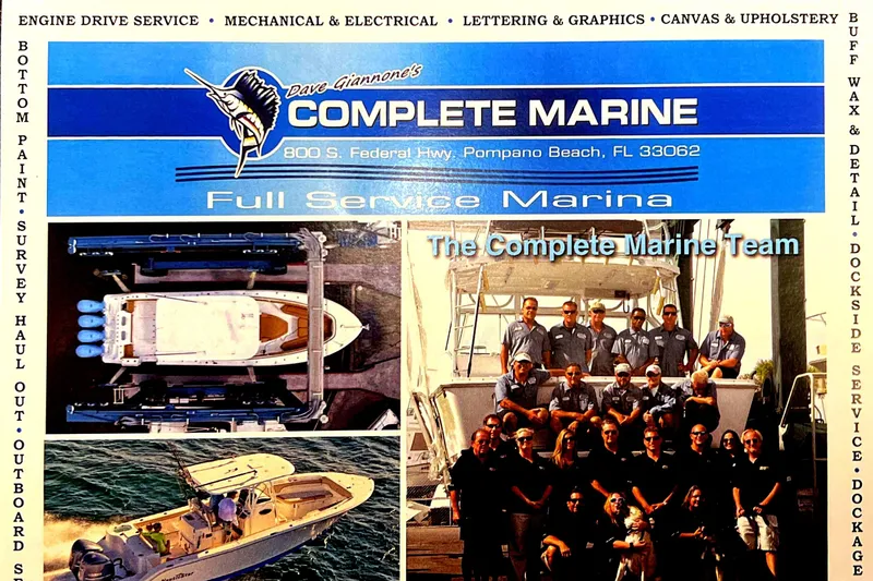 Slide: The Image of Complete Marine service advertisement with team photo, boat images, and service details, Pompano Beach, FL. - 21
