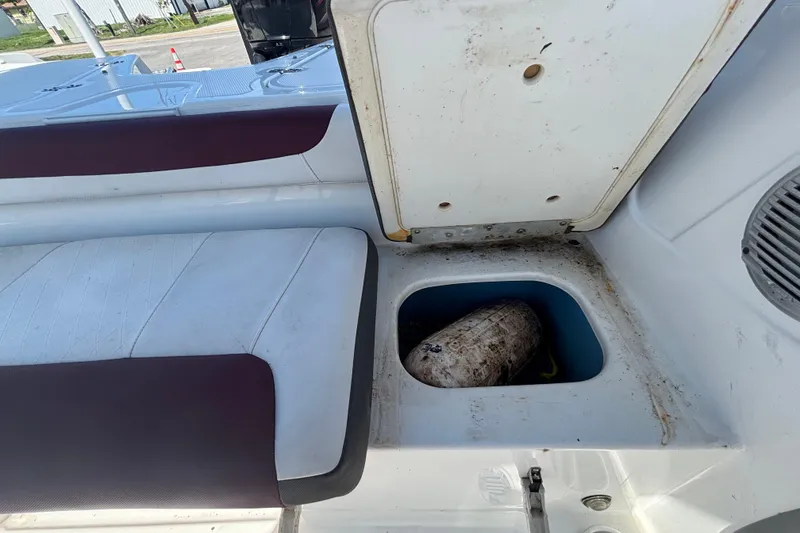 Slide: The Image of Interior of a 2019 Tahoe 550 TF boat showing storage compartment and seating. - 55