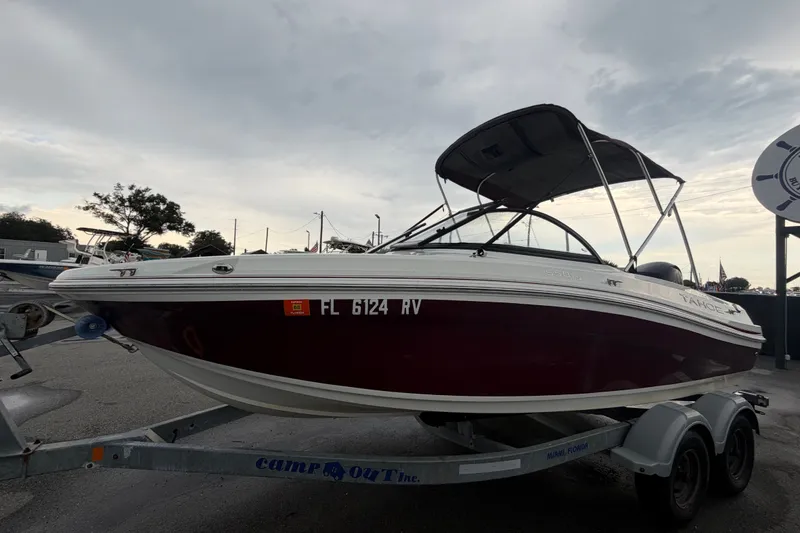 Slide: The Image of 2019 Tahoe 550 TS boat on trailer under cloudy sky. - 7