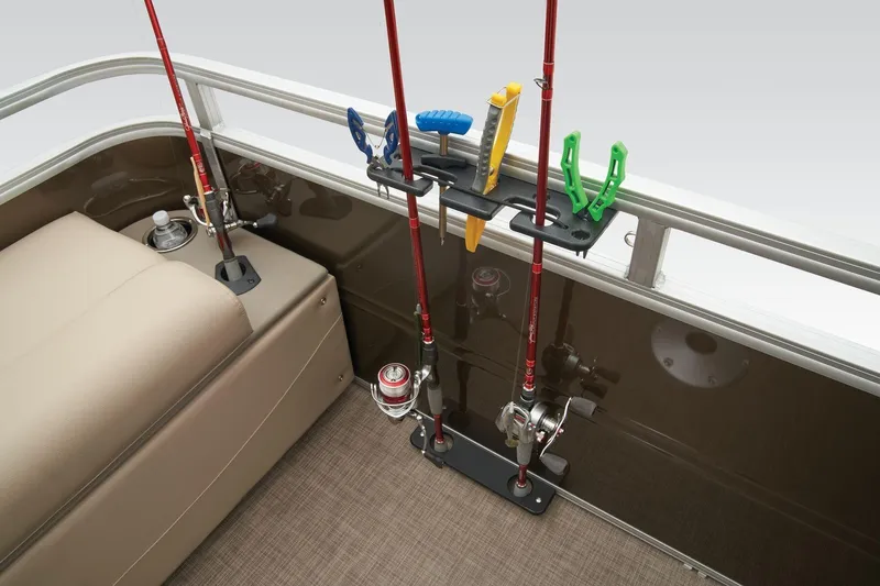 Slide: The Image of 2023 Sun Tracker SportFish 22 XP3 fishing rod holders and seating area. - 4
