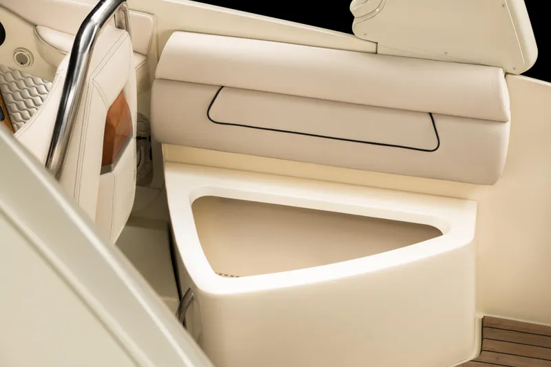 Slide: The Image of 2026 Chris-Craft Launch 28 GT interior seating detail with elegant beige upholstery. - 24