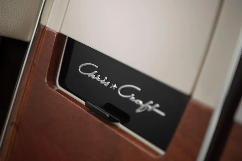 Slide: The Image of Close-up of Chris-Craft logo on 2026 Launch 35 GT boat interior. - 10