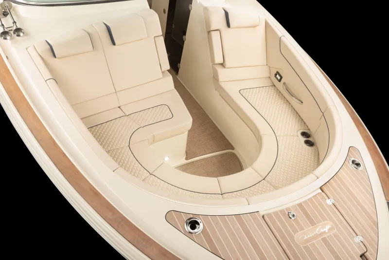 Slide: The Image of Luxurious interior of 2026 Chris-Craft Launch 35 GT boat with elegant seating and wood accents. - 2