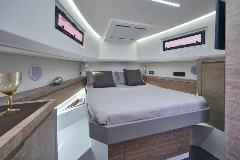 Slide: The Image of Luxurious bedroom interior of 2023 Astondoa 377 Coupe yacht with modern design. - 21