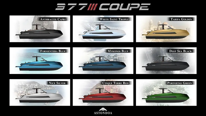 Slide: The Image of Astondoa 377 Coupe 2023 model color options: Anthracite Capri, White Saint Tropez, Tarifa Golden, Formentera - 25