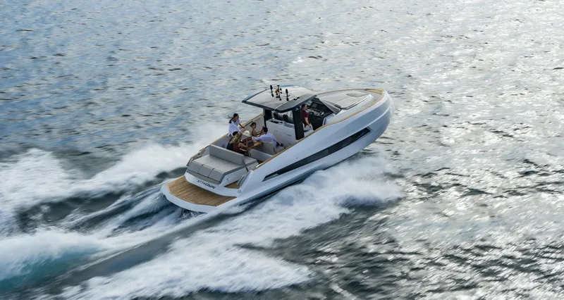 Slide: The Image of 2023 Astondoa 377 Coupe cruising on open water. - 4
