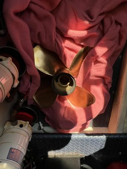 Slide: The Image of Bronze boat propeller on pink cloth, Ovation 52, 2009 model. - 39